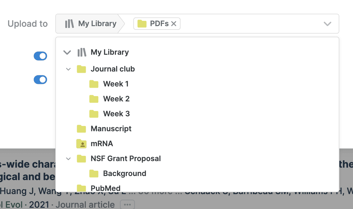 The “Upload to” selector set to My Library › PDFs, with the folder tree open showing Journal club (Week 1, Week 2, Week 3), Manuscript, mRNA, NSF Grant Proposal (Background) and PubMed.
